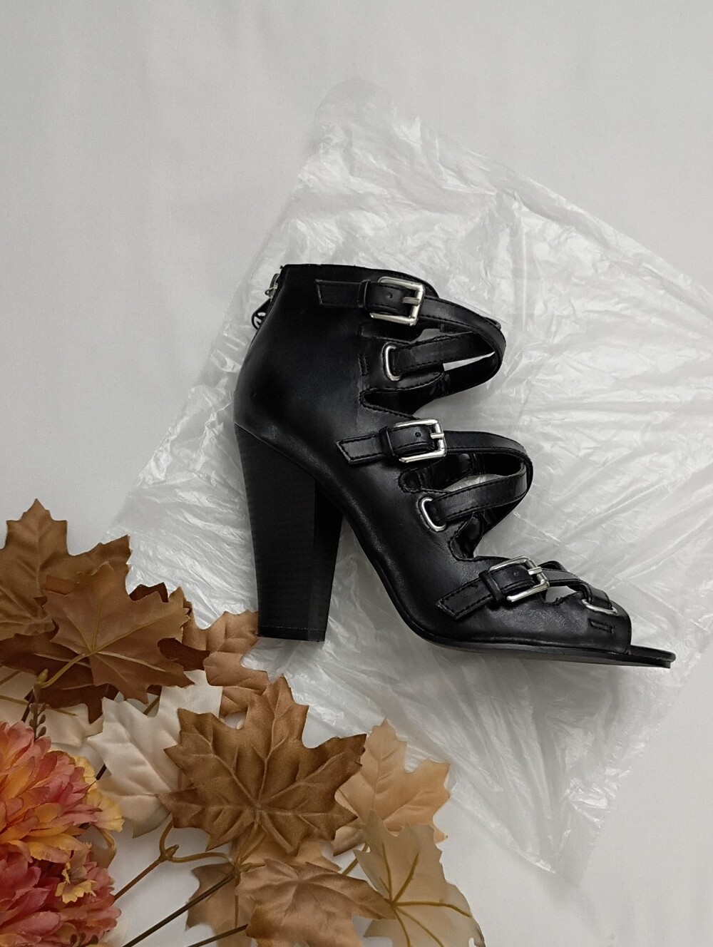 G By Guess Womenโs Black Strappy Buckle High Heel Sandal